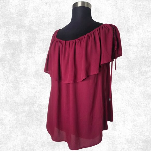 Torrid Off Shoulder Burgundy Ruffle Top Plus Size 2X Lace-Up Boho Goth Romance - Picture 6 of 8